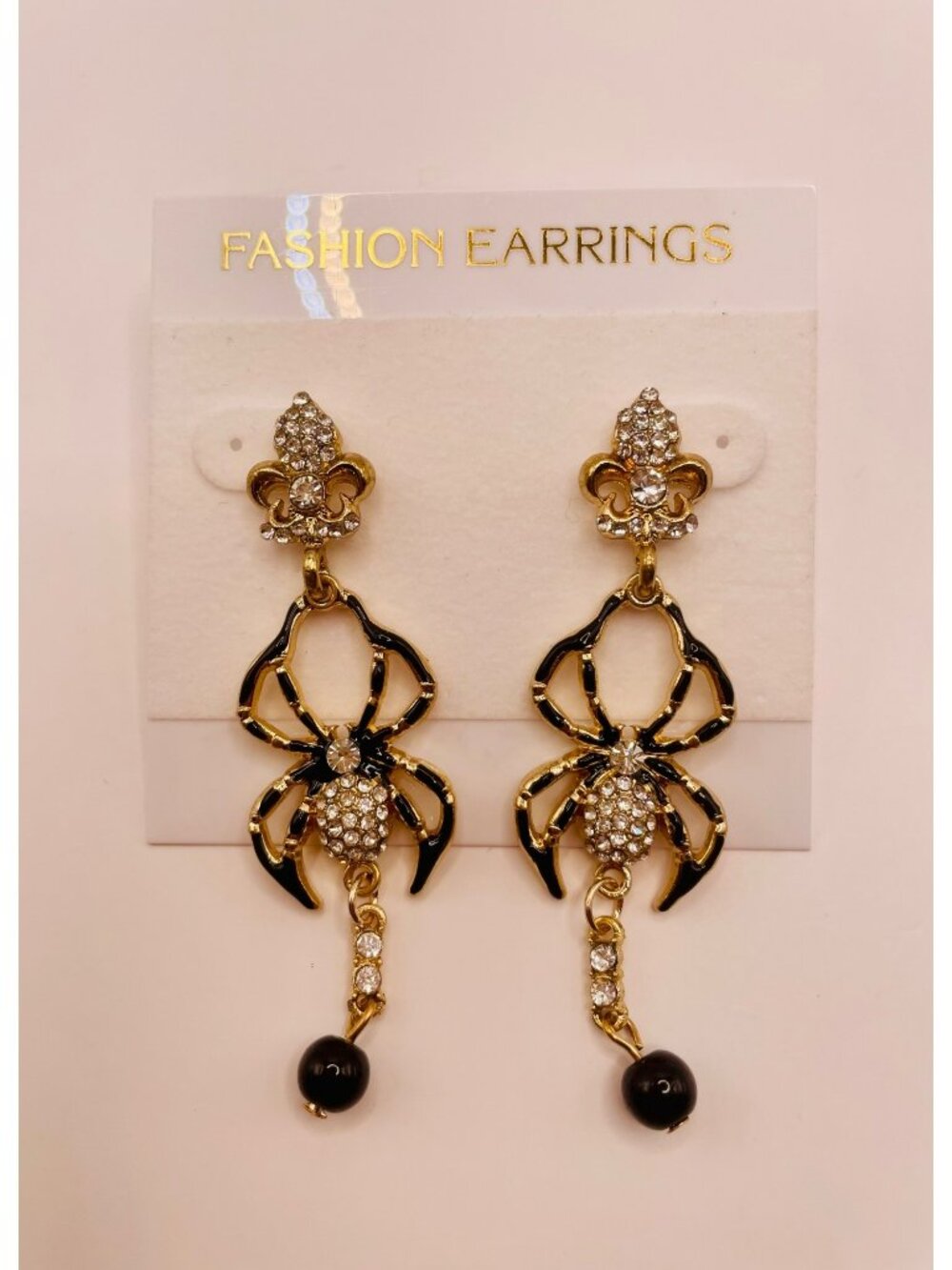 Spider Dangle Earrings Rhinestones & Black Beads Halloween Jewelry -38B